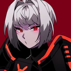 Rule 34 | 1girl, black shirt, closed mouth, commentary, english commentary, hair intakes, highres, lobotomy corporation, myo (project moon), o3o, project moon, red background, red eyes, shirt, short hair, simple background, solo, solo a, turtleneck, v-shaped eyebrows, white hair