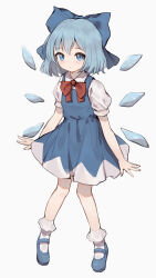 Rule 34 | 1girl, bare arms, blue bow, blue dress, blue eyes, blue footwear, blue hair, bobby socks, bow, bowtie, cirno, commentary, dress, full body, hair between eyes, hair bow, highres, ice, ice wings, large bow, looking at viewer, pinafore dress, puffy short sleeves, puffy sleeves, red bow, red bowtie, shirt, shoes, shone, short hair, short sleeves, simple background, sleeveless, sleeveless dress, socks, solo, touhou, white background, white shirt, white socks, wings