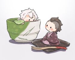 Rule 34 | 2boys, black hair, blush stickers, brothers, chibi, covered mouth, cup, eye contact, fork, green kimono, grey hair, haori, highres, in bowl, in container, in cup, japanese clothes, kimetsu no yaiba, kimono, long hair, long sleeves, looking at another, male focus, mini person, miniboy, mohawk, multiple boys, oversized object, own hands together, plate, purple kimono, scar, scar on face, scar on forehead, scar on nose, seiza, shinazugawa genya, shinazugawa sanemi, short hair, siblings, simple background, sitting, sleeves past fingers, sleeves past wrists, smile, white background, zooooo co