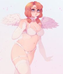 Rule 34 | 1girl, absurdres, angel, angel wings, bow, bra, breasts, brown hair, cleavage, cowboy shot, elbow gloves, feathered wings, glasses, gloves, grey eyes, hair bow, hand up, highres, medium breasts, medium hair, navel, original, panties, petals, pink bow, red-framed eyewear, smile, solo, sweetcritters, thighhighs, twintails, underwear, white bra, white gloves, white panties, white thighhighs, white wings, wings