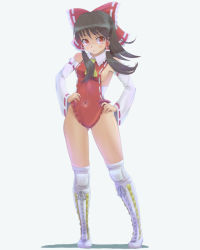 Rule 34 | 1girl, adapted costume, ascot, bad id, bad pixiv id, black hair, boots, bow, breasts, cameltoe, covered navel, cross-laced footwear, curry fuumi, detached sleeves, female focus, full body, hair bow, hair tubes, hakurei reimu, hands on own hips, japanese clothes, knee pads, lace-up boots, leotard, long hair, medium breasts, miko, mizuoka (curry), red eyes, red leotard, sideboob, solo, thighs, touhou, white background, wrestling outfit