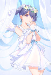 Rule 34 | 1girl, artist request, bare shoulders, black hair, blue ribbon, commentary request, curtains, dress, flower wreath, fukumaru koito, highres, idolmaster, idolmaster shiny colors, purple eyes, ribbon, short dress, solo, twintails, white dress, wrist cuffs