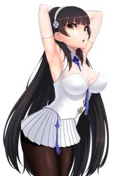 Rule 34 | 1girl, armpits, arms up, black hair, breasts, brown eyes, cloel, girls&#039; frontline, gloves, hairband, highres, large breasts, long hair, looking at viewer, pantyhose, type 95 (girls&#039; frontline), simple background, skirt, solo, very long hair, white background, white gloves, white hairband