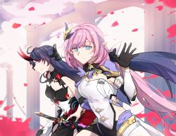 Rule 34 | ahoge, armor, black gloves, black shorts, blue eyes, blue sky, breasts, cleavage, cloud, cloudy sky, elf, elysia (honkai impact), elysia (miss pink elf), elysia (miss pink elf) (honkai impact), gloves, hair ornament, highres, holding, holding sword, holding weapon, honkai (series), honkai impact 3rd, horns, japanese armor, katana, long hair, long sleeves, looking at viewer, outdoors, petals, pink hair, pointy ears, purple eyes, purple hair, raiden mei, raiden mei (herrscher of thunder), sheath, sheathed, shiying no yao, shorts, shrug (clothing), single glove, sky, smile, sword, weapon