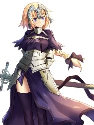 Rule 34 | 1girl, armor, blonde hair, blurry, braid, breasts, capelet, depth of field, fate/apocrypha, fate (series), headpiece, jeanne d&#039;arc (fate), jeanne d&#039;arc (ruler) (fate), long hair, rain (nadroj31), simple background, single braid, sketch, smile, solo, thighhighs, type-moon