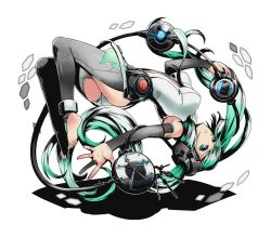 Rule 34 | 10s, 1girl, alpha transparency, barefoot, bodysuit, clock, divine gate, floating, full body, green hair, hatsune miku, hatsune miku (append), long hair, official art, outstretched arm, solo, transparent background, twintails, ucmm, upside-down, vocaloid, vocaloid append