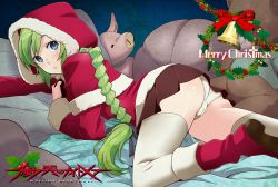 Rule 34 | 1girl, :o, ass, bed, bell, blue eyes, blush, boots, bow, braid, chestnut mouth, christmas, coat, date naoto, from side, fur trim, green hair, hair ribbon, high heels, highres, holly, hood, indoors, knee boots, lips, long hair, looking at viewer, looking back, lying, merry christmas, mistletoe, on stomach, original, panties, pantyshot, parted lips, pig, pillow, pleated skirt, ribbon, santa costume, shiny skin, single braid, skirt, solo, stuffed animal, stuffed pig, stuffed toy, teddy bear, thighhighs, thighs, underwear, upskirt, very long hair, white panties, white thighhighs, wreath