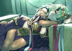 Rule 34 | 1girl, black dress, braid, breasts, byleth (female) (fire emblem), byleth (fire emblem), chair, cleavage, closed mouth, detached sleeves, dress, fire emblem, fire emblem: three houses, large breasts, looking at viewer, nintendo, panties, side braid, sitting, smile, throne, underwear, yappen