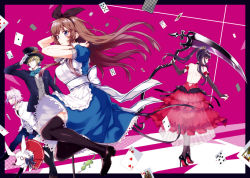 Rule 34 | 2boys, 2girls, alice (alice in wonderland), alice in wonderland, animal ears, apron, arisaka ako, backless dress, backless outfit, black bow, black footwear, black legwear, blazer, blonde hair, blue dress, blue eyes, bow, brown hair, card, cat ears, collared shirt, crown, dress, dress shirt, floating hair, frilled apron, frills, hair bow, hair ornament, hairclip, hat, high heels, jacket, long hair, mary janes, mini crown, multiple boys, multiple girls, open clothes, open jacket, original, partially unbuttoned, playing card, popped collar, purple eyes, purple hair, red dress, red eyes, scythe, shirt, shoes, short sleeves, sidelocks, standing, stuffed animal, stuffed toy, thighhighs, top hat, twintails, vest, white hair, yellow eyes