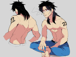 Rule 34 | 1boy, arm tattoo, barefoot, belt, black belt, blue pants, cigarette, closed mouth, commentary request, expressionless, facial scar, full body, grey background, highres, indian style, inudori, itou kaiji, kaiji, long hair, male focus, medium bangs, navel, nipples, number tattoo, pants, scar, scar on cheek, scar on ear, scar on face, simple background, sitting, smoke, smoking, tattoo, topless male
