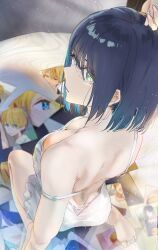 Rule 34 | 1girl, black hair, blue hair, breasts, camisole, cleavage, colored inner hair, commentary request, dimples of venus, feet, from above, funi mu9, highres, hoshino aquamarine, indoors, kneeling, kurokawa akane, looking at viewer, looking back, medium breasts, multicolored hair, oshi no ko, photo (object), soles, solo, star-shaped pupils, star (symbol), strap slip, symbol-shaped pupils, toes, underwear, underwear only, white camisole