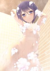 Rule 34 | 1girl, arms behind head, arms up, blue hair, blush, commission, convenient censoring, from below, hidamari sketch, highres, kuuron, looking at viewer, sae (hidamari sketch), short hair, showering, skeb commission, smile, soap bubbles, solo, tile wall, tiles, water, wet