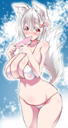 Rule 34 | 1girl, animal ears, bikini, blush, breasts, cleavage, colored eyelashes, cowboy shot, curvy, covered erect nipples, eyebrows, fox ears, fox tail, hair ornament, highres, huge breasts, inubashiri momiji, looking at viewer, navel, oobashin, red eyes, see-through, short hair, solo, standing, swimsuit, tail, thick eyebrows, touhou, white bikini, colored eyelashes, white hair, wide hips, wolf ears, wolf tail