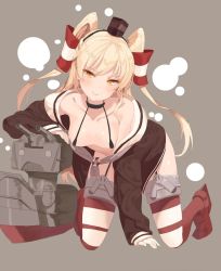 Rule 34 | 10s, 1girl, all fours, alternate hair color, amatsukaze (kancolle), bad id, bad pixiv id, bare shoulders, blonde hair, breasts, choker, dress, garter straps, grey background, kantai collection, kneeling, long hair, looking at viewer, mx2j, o o, personification, red thighhighs, rensouhou-kun, sailor dress, school uniform, serafuku, simple background, small breasts, striped clothes, striped thighhighs, thighhighs, yellow eyes