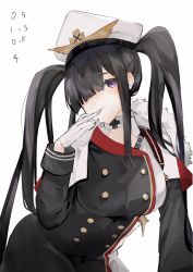 Rule 34 | 1girl, azur lane, black coat, black hair, buttons, closed mouth, coat, completion time, double-breasted, glove pull, gloves, hair over one eye, hat, highres, long hair, looking at viewer, military hat, neko (ganecooo), one eye covered, peaked cap, peter strasser (azur lane), purple eyes, simple background, smile, solo, twintails, white background, white gloves, white hat