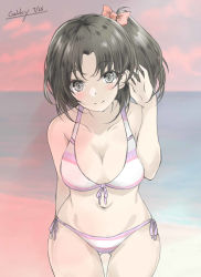 Rule 34 | 1girl, bikini, black eyes, black hair, breasts, cleavage, commentary request, cowboy shot, front-tie bikini top, front-tie top, gakky, gluteal fold, kantai collection, leaning forward, looking at viewer, medium breasts, nagara (kancolle), one-hour drawing challenge, one side up, short hair, side-tie bikini bottom, solo, striped bikini, striped clothes, swimsuit, thigh gap
