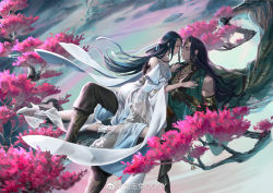 Rule 34 | 1boy, 1girl, bare shoulders, black hair, branch, character request, cony (comicsun), dress, earrings, full body, high heels, holding, holding sword, holding weapon, jewelry, long hair, looking at another, necklace, on person, sword, weapon, white dress, yi meng jianghu