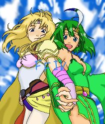 Rule 34 | 1990s (style), 2girls, blonde hair, blue eyes, bridal gauntlets, cape, detached sleeves, female focus, final fantasy, final fantasy iv, green hair, holding hands, hnsyana, leotard, long hair, lowres, multiple girls, nail polish, open mouth, pantyhose, rosa farrell, rydia (ff4), shoulder pads, tiara