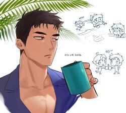 Rule 34 | 2boys, absurdres, ao isami, beach, black hair, blonde hair, chibi, chibi inset, couple, cropped shoulders, cup, day, doodle inset, facial hair, gamti0, highres, lewis smith, looking to the side, lulu (bang bravern), male focus, mug, multiple boys, palm tree, pectoral cleavage, pectorals, sideburns stubble, stubble, thick eyebrows, toasting (gesture), tree, yaoi, yuuki bakuhatsu bang bravern