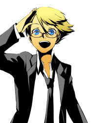 Rule 34 | 1boy, atlus, bad id, bad pixiv id, blonde hair, blouse, blue eyes, collared shirt, formal, fujino miyabi, glasses, high contrast, kuma (persona 4), male focus, necktie, open mouth, persona, persona 4, salute, shirt, short hair, simple background, solo, suit, upper body, white background, white shirt