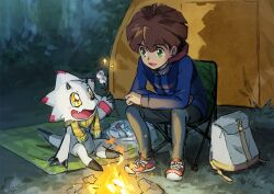 Rule 34 | 1boy, amanokawa hiro, backpack, bag, black pants, blue jacket, brown hair, campfire, camping, camping chair, digimon, digimon (creature), digimon ghost game, fire, fon-due (fonfon), food, gammamon, green eyes, holding, holding stick, jacket, long sleeves, male focus, marshmallow, open mouth, outdoors, pants, red footwear, roasted marshmallow, scarf, shoes, short hair, sitting, sneakers, sparkle, stick, tent, yellow scarf