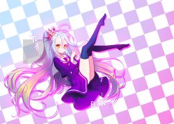 Rule 34 | 10s, 1girl, blue hair, blue thighhighs, checkered background, crown, long hair, milcona, no game no life, orange eyes, purple eyes, shiro (no game no life), solo, thighhighs