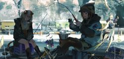 Rule 34 | 3girls, absurdres, animal ears, auger, beanie, black footwear, black legwear, boots, building, cargo shorts, cat ears, cat girl, cat tail, cliff, day, fish, fishing, fishing rod, flag, hat, highres, ice, jacket, kukka, miniskirt, multiple girls, nail polish, original, pantyhose, pom pom (clothes), portable stove, rubber boots, shoe soles, shorts, sitting, skirt, snow, tagme, tail, thighhighs, thighhighs under boots, traffic cone, winter, winter clothes