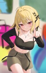 Rule 34 | 1girl, absurdres, ahoge, black bow, black shirt, blonde hair, blurry, blurry background, blush, bow, breasts, brown skirt, cleavage, closed mouth, collarbone, cowboy shot, cropped shirt, cross, cross necklace, eyelashes, hair bow, hair ornament, hand on own hip, highres, index finger raised, jewelry, jingburger, long sleeves, looking at viewer, medium breasts, midriff, necklace, no navel, red eyes, rinrasetsu, shirt, skirt, smile, solo, stomach, virtual youtuber, waktaverse, x hair ornament