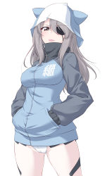 Rule 34 | 1girl, :p, absurdres, animal hat, blue hat, blush, breasts, brown eyes, cowboy shot, eyepatch, girls und panzer, grey hair, half-closed eyes, hands in pockets, hat, highres, jacket, kuzuryuu kennosuke, long hair, long sleeves, looking at viewer, medium breasts, mika (girls und panzer), multicolored clothes, multicolored jacket, plugsuit, simple background, solo, standing, thighs, tongue, tongue out, two-tone jacket, white background