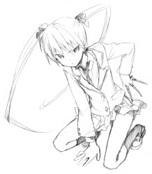 Rule 34 | 1girl, angry, blazer, female focus, flat chest, greyscale, jacket, kill me baby, knife, kuroda bb, long hair, monochrome, necktie, school uniform, simple background, sketch, skirt, solo, sonya (kill me baby), source request, squatting, throwing knife, traditional media, twintails, weapon