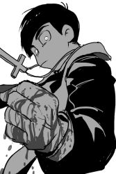 Rule 34 | 10s, 1boy, bad id, bad pixiv id, blood, blood on hands, cassock, chidzuko, clenched hand, greyscale, looking at viewer, male focus, matsuno karamatsu, monochrome, osomatsu-kun, osomatsu-san, osomatsu (series), priest, simple background, solo, white background