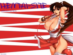 Rule 34 | 1girl, :d, adjusting hair, arm up, armpits, breasts, brown eyes, brown hair, cameltoe, cleavage, covered erect nipples, fatal fury, fingerless gloves, folded fan, folding fan, gloves, groin, hair ribbon, hand fan, japanese clothes, large breasts, lipstick, loincloth, long hair, looking at viewer, makeup, ninja, no bra, obi, open mouth, panties, pantyshot, parted bangs, pelvic curtain, ponytail, profile, red panties, revealing clothes, ribbon, rope, saigado, sash, shiranui mai, side slit, sleeveless, smile, snk, solo, standing, the king of fighters, thighs, third-party edit, underwear, very long hair, wallpaper, watermark, wind, wind lift