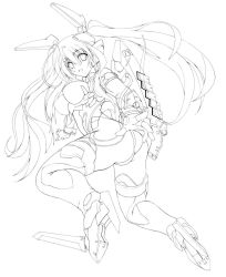 Rule 34 | 1girl, ass, bodysuit, breasts, glowing, greyscale, high heels, lineart, long hair, looking at viewer, mecha musume, monochrome, nanairo souga, smile, solo, sword, thighhighs, twintails, weapon
