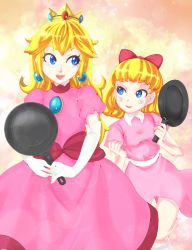 Rule 34 | 2girls, aomidoro (pixiv 317717), bad id, bad pixiv id, blonde hair, blue eyes, bow, company connection, crossover, crown, dress, earrings, elbow gloves, freckles, frying pan, gloves, hair bow, jewelry, lips, long hair, looking at another, mario (series), mother (game), mother 2, multiple girls, nintendo, paula (mother 2), pink dress, princess peach, puffy sleeves, super mario rpg, trait connection, weapon, white gloves