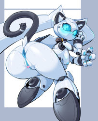 Rule 34 | all fours, anus, ass, bent over, blue eyes, colored skin, drossel von flugel, fireball (series), full body, looking back, pochincoff, pussy, robot, solo, squatting, twintails, white skin