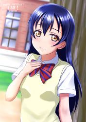 Rule 34 | 1girl, artist name, artist request, blue hair, blush, bow, bowtie, breasts, brown eyes, building, close-up, collared shirt, dated, female focus, hair between eyes, hand on own chest, highres, long hair, looking at viewer, love live!, love live! school idol project, nail, nail polish, otonokizaka school uniform, outdoors, parted lips, pink lips, pink nails, red bow, school uniform, shirt, short sleeves, smile, solo, sonoda umi, striped, striped bow, sweater vest, upper body, vest, white shirt, wing collar, yellow eyes, yellow vest