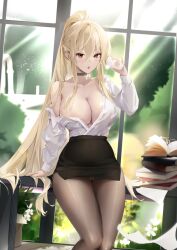 Rule 34 | 1girl, absurdres, areola slip, azur lane, black choker, black pantyhose, blonde hair, book, book stack, breasts, choker, cleavage, cup, desk, hair between eyes, hand up, high-waist skirt, highres, holding, holding cup, implacable (azur lane), implacable (shepherd of the &quot;lost&quot;) (azur lane), jiuxiaocan yin, large breasts, long hair, no bra, office lady, official alternate costume, on desk, panties, panties under pantyhose, pantyhose, pantyshot, partially unbuttoned, pencil skirt, ponytail, pouring, pouring onto self, shirt slip, shirt tucked in, sitting, skirt, underwear