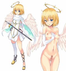 Rule 34 | 1girl, arm between breasts, between breasts, blonde hair, blue eyes, breasts, cape, censored, elbow gloves, full body, gloves, halo, navel, niel (sennen sensou aigis), nipples, nude, open mouth, rasahan, sennen sensou aigis, sheath, sheathed, short hair, single thighhigh, small breasts, small penis, solo, standing, sword, thighhighs, weapon, white cape, white gloves, white thighhighs, wings