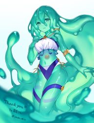 Rule 34 | 1girl, absurdly long hair, absurdres, akira (meltyhip), armlet, bare shoulders, colored sclera, colored skin, commission, green eyes, green hair, green sclera, green skin, hand up, highres, long hair, looking at viewer, monster girl, navel, original, parted lips, simple background, skeb commission, slime girl, solo, tassel, twitter username, very long hair, white background