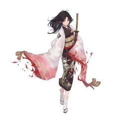 Rule 34 | 1girl, absurdres, artist request, black hair, closed mouth, highres, holding, holding sword, holding weapon, illusion connect, japanese clothes, katana, kimono, long hair, long sleeves, looking at viewer, maki (illusion connect), obi, official art, red eyes, sandals, sash, simple background, sleeves past fingers, sleeves past wrists, solo, sword, tabi, third-party source, transparent background, weapon, wide sleeves