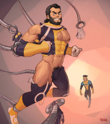 Rule 34 | 2boys, abraham lincoln, abs, absurdres, ass, bara, bare pectorals, bare shoulders, beard, black hair, blue bodysuit, blush, bodysuit, bound, bound arms, bound legs, bulge, clenched teeth, covered erect nipples, facial hair, helbai, highres, invincible (character), invincible (series), large pectorals, machine, male focus, male pubic hair, mature male, midriff peek, multiple boys, muscular, muscular male, navel, navel hair, nipples, paid reward available, pectoral cleavage, pectorals, pubic hair, pubic hair peek, short hair, stomach, superhero costume, teeth, tentacles, tentacles on male, the immortal (invincible), thick thighs, thighs, torn bodysuit, torn clothes, yellow bodysuit