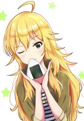 Rule 34 | 1girl, ahoge, blonde hair, blush, brown jacket, closed mouth, food, green eyes, highres, holding, holding food, hoshii miki, idolmaster, idolmaster (classic), jacket, jewelry, long hair, looking at viewer, necklace, one eye closed, onigiri, shirt, smile, so korokoro, solo, star (symbol), striped clothes, striped shirt, upper body
