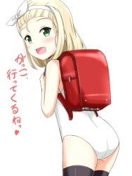 Rule 34 | 1girl, :d, aikawa ryou, backpack, bag, black thighhighs, blonde hair, green eyes, hairband, heart, highres, i-504 (kancolle), kantai collection, luigi torelli (kancolle), one-piece swimsuit, open mouth, randoseru, school swimsuit, short hair, simple background, smile, solo, swimsuit, thighhighs, translation request, white background, white hairband, white school swimsuit, white one-piece swimsuit