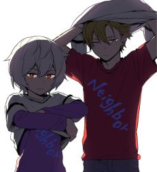 Rule 34 | 2boys, 7100potechi, arms up, backlighting, blouse, brown hair, clothes writing, hair between eyes, hands up, hyuse, kuga yuuma, layered sleeves, long sleeves, male focus, matching outfits, multiple boys, one eye closed, purple eyes, purple shirt, red eyes, red shirt, shirt, shirt over head, short hair, short over long sleeves, short sleeves, simple background, smirk, t-shirt, undressing, white background, white hair, world trigger