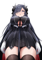 Rule 34 | 1girl, absurdres, august von parseval (azur lane), azur lane, black dress, black horns, breasts, brown thighhighs, clothing cutout, curled horns, dress, from below, gloves, hair over one eye, highres, horns, large breasts, long hair, long sleeves, looking at viewer, looking down, mechanical horns, microdress, purple eyes, purple hair, simple background, solo, thighhighs, underboob, underboob cutout, vikki, white background, white gloves, zettai ryouiki