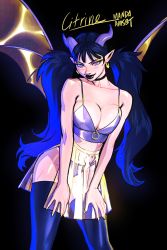 Rule 34 | 1girl, black background, black hair, black thighhighs, blue horns, breasts, character name, citrine (manda schank), cleavage, demon girl, earrings, highres, horns, jewelry, large breasts, long hair, manda schank, nail polish, original, pointy ears, signature, simple background, solo, thighhighs, twintails, very long hair, wings, yellow nails