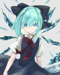 Rule 34 | 1girl, aqua hair, black bow, blue dress, blue eyes, bow, bowtie, cirno, closed mouth, collar, collared dress, dress, fairy, grey background, hair bow, highres, ice, ice wings, looking at viewer, red bow, red bowtie, short hair, short sleeves, simple background, solo, standing, touhou, tsukikusa, wings