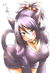 Rule 34 | 00s, 1girl, animal ears, artist request, bell, blush, breasts, brown eyes, cat ears, cat tail, cleavage, collar, fujibayashi sheena, hair ornament, kemonomimi mode, ponytail, purple hair, solo, sweater, tail, tales of (series), tales of symphonia