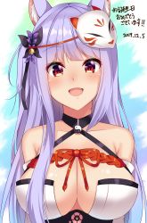 Rule 34 | 1girl, :d, absurdres, amagi korona, animal ear fluff, animal ears, bare shoulders, bell, black choker, blush, breasts, butterfly hair ornament, center opening, choker, cleavage, dated, flower, fox ears, fox mask, hair bell, hair flower, hair ornament, halterneck, highres, kamishiro natsume, large breasts, light purple hair, long hair, looking at viewer, mask, mask on head, melty+, one side up, open mouth, red eyes, rope, shimenawa, smile, solo, upper body, very long hair, virtual youtuber