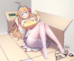 Rule 34 | 1girl, absurdres, blue eyes, box, braid, bread, breasts, candy, feet, food, hair ribbon, high heels, highres, holding, holding food, in box, in container, large breasts, lollipop, long hair, nipple piercing, orange hair, pantyhose, pecorine (princess connect!), piercing, princess connect!, ribbon, shoes, skirt, solo, unworn shoes, white pantyhose, xiaoxi0619